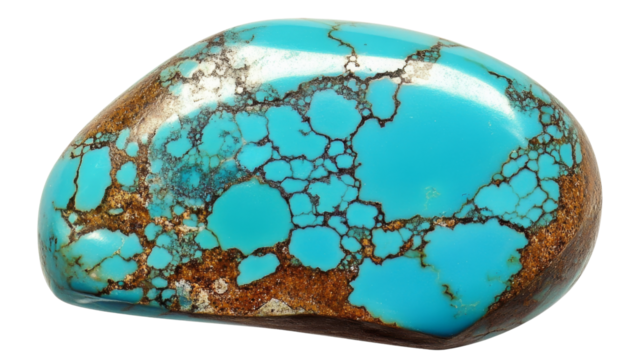 Polished turquoise gemstone showing unique veins and brown matrix on transparent background