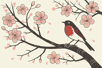Vintage Japanese painting, red-breasted bird perched on cherry blossom branch, soft pink flowers, beige background, delicate brushstrokes, nature illustration, botanical art, tranquil atmosphere, spri