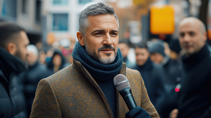 Naklejka premium Journalist conducting an interview outdoors in a busy urban setting during winter