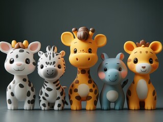 Naklejka premium A colorful collection of cute animal figurines featuring a giraffe and friends.