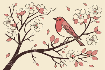 Vintage Japanese painting, red-breasted bird perched on cherry blossom branch, soft pink flowers, beige background, delicate brushstrokes, nature illustration, botanical art, tranquil atmosphere, spri