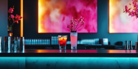 Vibrant bar scene featuring cocktails, ideal for promoting nightlife, bars, or events. Captures a lively atmosphere with artistic decor.