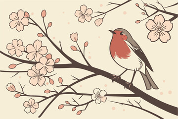 Vintage Japanese painting, red-breasted bird perched on cherry blossom branch, soft pink flowers, beige background, delicate brushstrokes, nature illustration, botanical art, tranquil atmosphere, spri