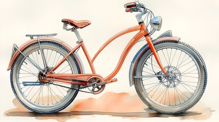 Fototapeta premium Cruiser Bicycle Watercolor Illustration Perfect for Summer Travel Posters, Vintage Bicycle Blogs, and Retro-Styled Advertisements.