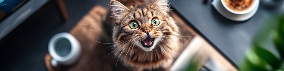 A curious long-haired cat looks up with an open mouth, seemingly surprised or intrigued.