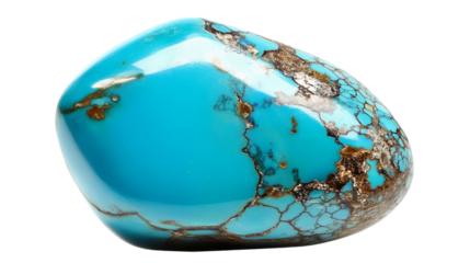 Polished turquoise gemstone showing natural veins on transparent background