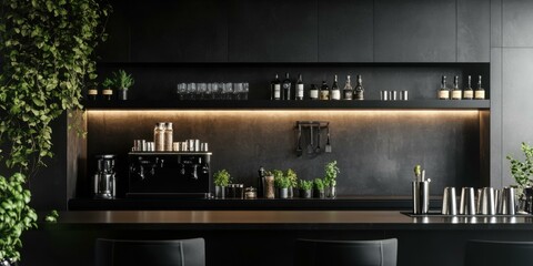 Stylish modern kitchen with a sleek bar setup, perfect for showcasing culinary creativity and hosting gatherings.