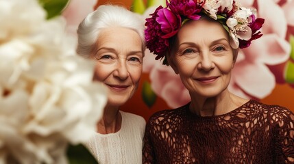 Obraz premium Two smiling senior women posed with flowers, one wearing a flower crown.