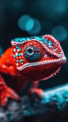 A vibrant chameleon with striking red and blue tones perched on a branch, captured in a cinematic style with a blurred background.