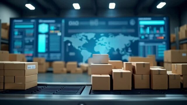 A Stack of Cardboard Boxes on a Conveyor Belt Moves Toward a Large Screen Displaying a Global Network Map Perfect for Logistics and Supply Chain Visualizations - Powered by Adobe
