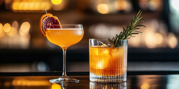 Stylish cocktails on a bar counter, perfect for promoting bars, restaurants, or cocktail recipes.