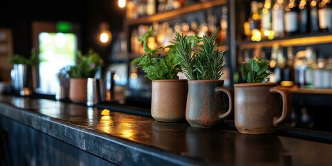 Image of herbs in rustic mugs on a bar counter, suitable for food and beverage promotions, restaurant decor, and cocktail recipes.