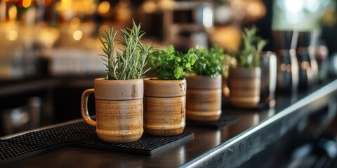 Image of herb plants in ceramic mugs, ideal for restaurant menus, cooking blogs, or gardening articles.
