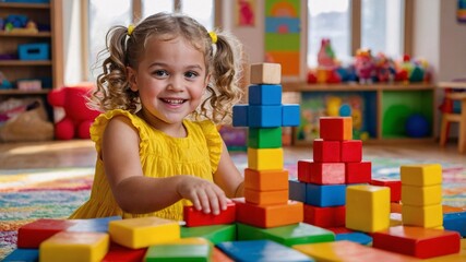 Fototapeta premium Joyful children building colorful structures with blocks in a vibrant playroom filled with light and laughter during a sunny afternoon