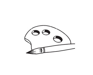 A black and white line art illustration of a palette and brush, designed for easy coloring. 