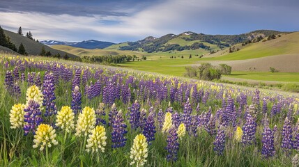 Fototapeta premium Lupine wildflowers bloom in a mountain valley landscape