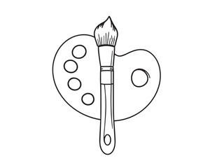 A black and white line art illustration of a palette and brush, designed for easy coloring. 