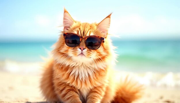 Footage of a fluffy cat chilling on a beach and wearing sunglasses. Generative AI.