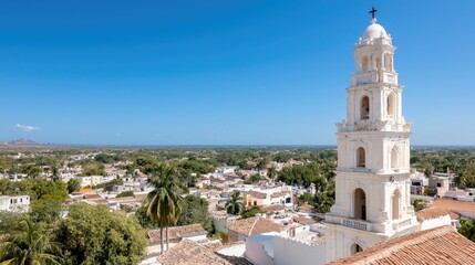 Fototapeta premium White colonial church bell tower overlooking a historic town under a clear blue sky.