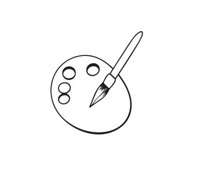 A black and white line art illustration of a palette and brush, designed for easy coloring. 