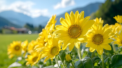 Fototapeta premium Vibrant yellow wildflowers bloom in a green mountain meadow under a bright sunny sky.
