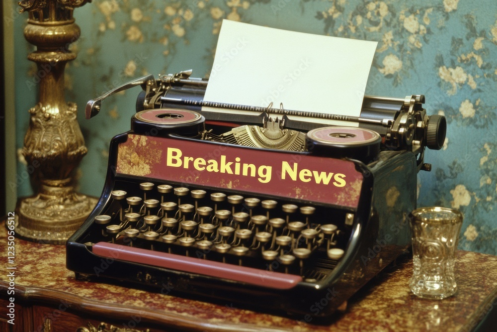 Poster vintage typewriter displays breaking news on blank paper in a charming room setting. generative ai
