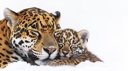 Obraz premium Tender Moment Between Mother Jaguar and Her Adorable Cub in Snow