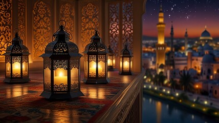 Mosque with minarets on the background of sunset. Concept of religion, slam,tranquility.,Ramadan Kareem greeting card with burning candles in mosque. 3D rendering