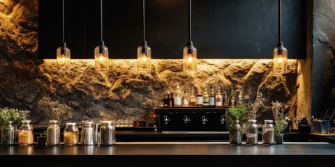 Stylish bar interior featuring herbs and spices in jars, ideal for food and beverage promotions, restaurant design, or lifestyle branding.