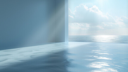 Abstract concept of a surreal seascape with a large vertical wall and expansive ocean under a clear sky.