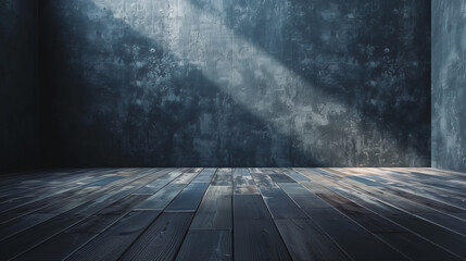 Dark empty room with textured walls and wooden floor illuminated by a soft light beam.
