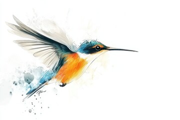Fototapeta premium A Vibrant Watercolor Painting Of A Hummingbird In Flight