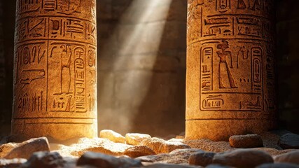 Ancient stone pillars with hieroglyphs illuminated by soft light in a mysterious setting.

 - Powered by Adobe