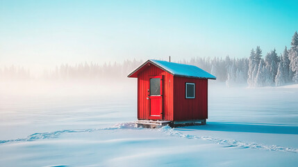 A lonely winter red cabin nestled in a misty landscape creates a serene atmosphere of solitude