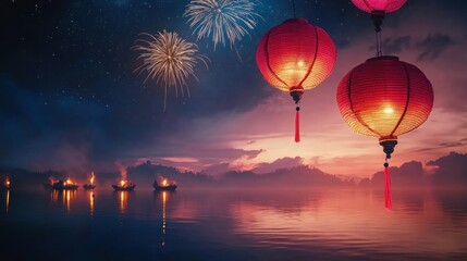 Obraz premium Festive Lanterns Glow Over Calm Water With Fireworks