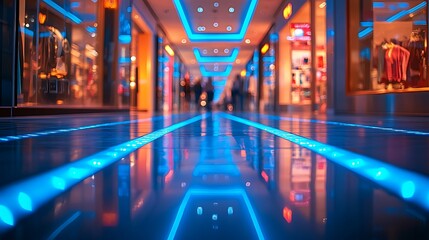 Obraz premium A brightly lit shopping mall hallway with a tiled floor reflecting colorful lights from the surrounding shops