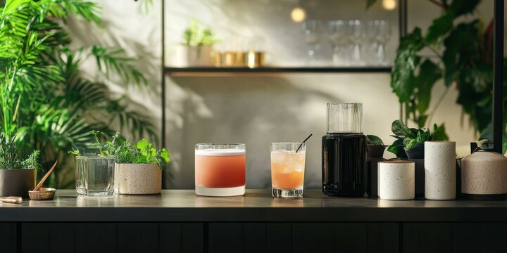 A serene arrangement of drinks and plants, ideal for promoting relaxation, gatherings, or refreshing beverages.