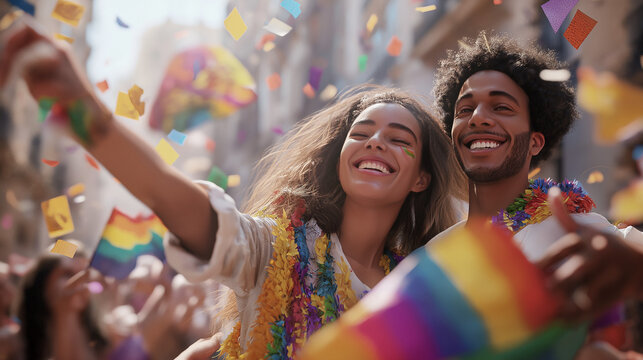 Casal sorridente celebrando o dia do orgulho LGBTQIA+