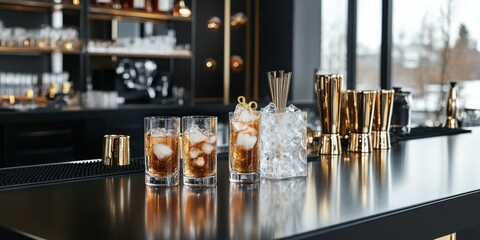 Stylish bar scene featuring cocktails and bar tools, perfect for promoting nightlife, bars, and beverage services.