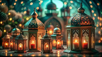 Obraz premium free new symbolizing warmth and celebration for Ramadan Kareem decoration with arabic lantern and candle on a wooden table in the garden