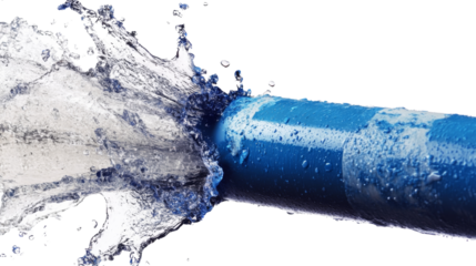 Water splashing from a blue pipe on transparent background