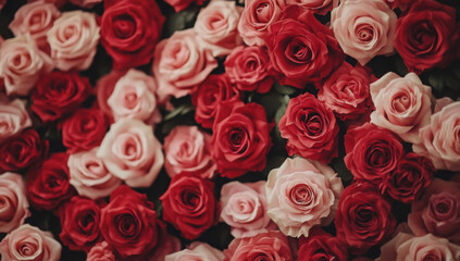 Fototapeta premium Natural fresh red roses flowers pattern wallpaper. top view, Red rose flower wall background.