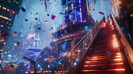 Festive City Night Staircase Confetti Celebration