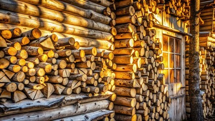 Sunlight filters through a stacked log wall, illuminating the rough-hewn wood and casting warm shadows