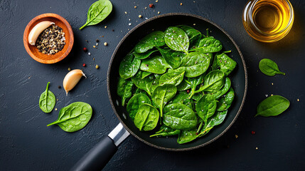 Obraz premium Sautéed spinach with garlic and olive oil, served in a small pan, soft natural light in food photography 