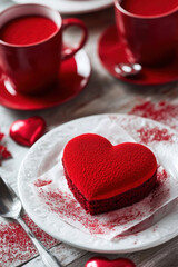 Red heart-shaped valentine cake on the dining table 