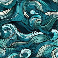 a close up of a blue and white pattern with waves