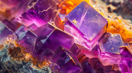 Close-up of vibrant purple and orange crystals with sharp edges and intricate details. fluorite ore