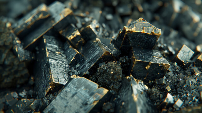 Close-up of shiny black metallic crystals with geometric shapes, displaying a textured and reflective surface. Phlogopite ore