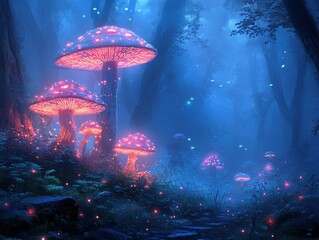 Mushrooms glow in a magical fantasy forest at twilight